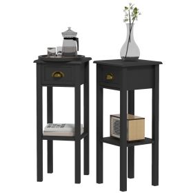 2-Tier Side Tables Set of 2 with Drawer Shelf, 2 Pieces End Tables for Living Room Hallway, Black