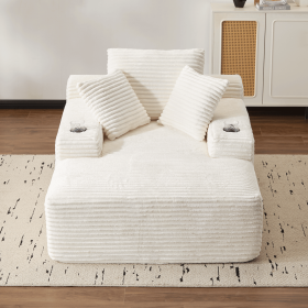 66" Oversized Corduroy Chaise Lounge Chair | Indoor Single Sleeper Sofa Bed with 3 Soft Pillows & Cup Holder - Modern Cloud Couch for Living Room