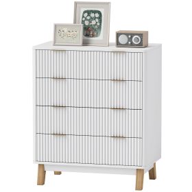 4 Drawer Double Dresser for Bedroom, Fluted Chest of Drawers with Gold Finger Pulls and 4 Wood Legs, White