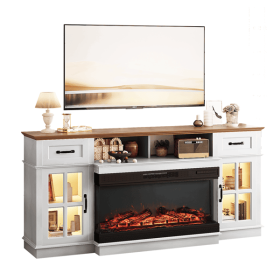 Brown Top + Washed White Cabinet Fireplace TV Stand for 36 Inch Insert, 2 Doors 2 Drawers 1 Shelf with RGB Lights, Media Console 178 x 34.6 x 82.
