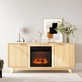 Oak Fireplace TV Stand with 18 Inch Insert, Double Grid Doors & Gold Handles, Embossed Board Media Console 58 x 13.6 x 25.4 Inch