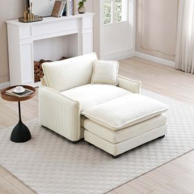 Single Deep Seat Sofa With Footstool With One Pillow, Suitable for Living Room and Bedroom, Club Multiple Occasions,White Corduroy