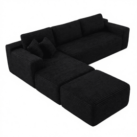 106.5" Modern Minimalist Modular Sectional Couch with Ottoman, Comfort L Shaped Sofa for Living Room, No Assembly Required (Color: Black-with Ottoman, Orientation: 3-seater Left Hand Facing)