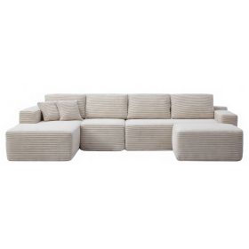 134" Modern Minimalist Modular Sectional Couch with Ottoman, Comfort L Shaped Sofa for Living Room, No Assembly Required (Color: Beige-with Ottoman, Orientation: 4-seater Left Hand Facing)