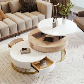 Modern Round Lift-top Nesting Coffee Tables with 2 Drawers (Color: Oak Natural Wood + Antique White, Material: MDF)