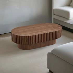 43.70 Inch Modern Handcraft Drum Coffee Table Oval Coffee Table for Living Room,Small Wooden Coffee Table with Sturdy Pedestal for Office (Color: Walnut, Material: MDF)