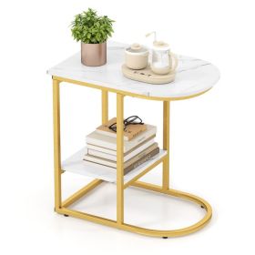 Modern Sofa Side Table with Faux Marble Tabletop and Storage Shelf (Color: White, Material: Engineered Wood, Metal)