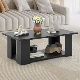 Large 41 Inch 2-tier Wooden Modern Coffee Table with Storage Shelf living room table (Color: Black)